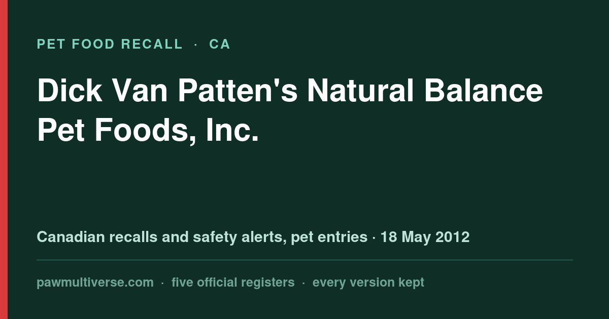 Recall: Dick Van Patten's Natural Balance Pet Foods, Inc.