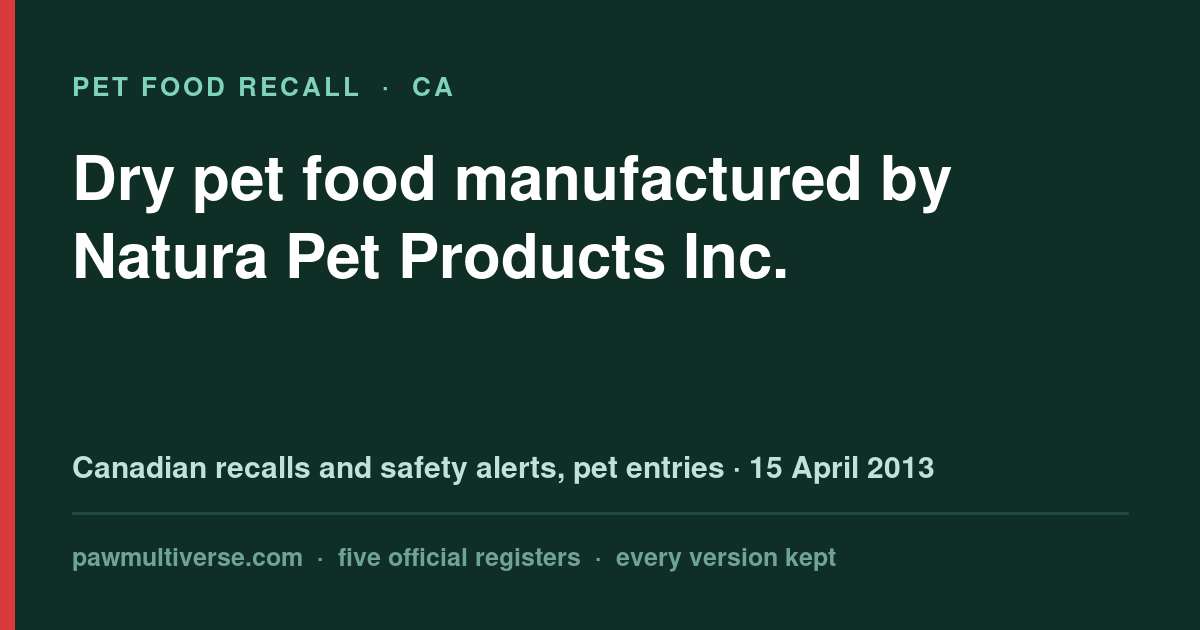Recall: Dry pet food manufactured by Natura Pet Products Inc.