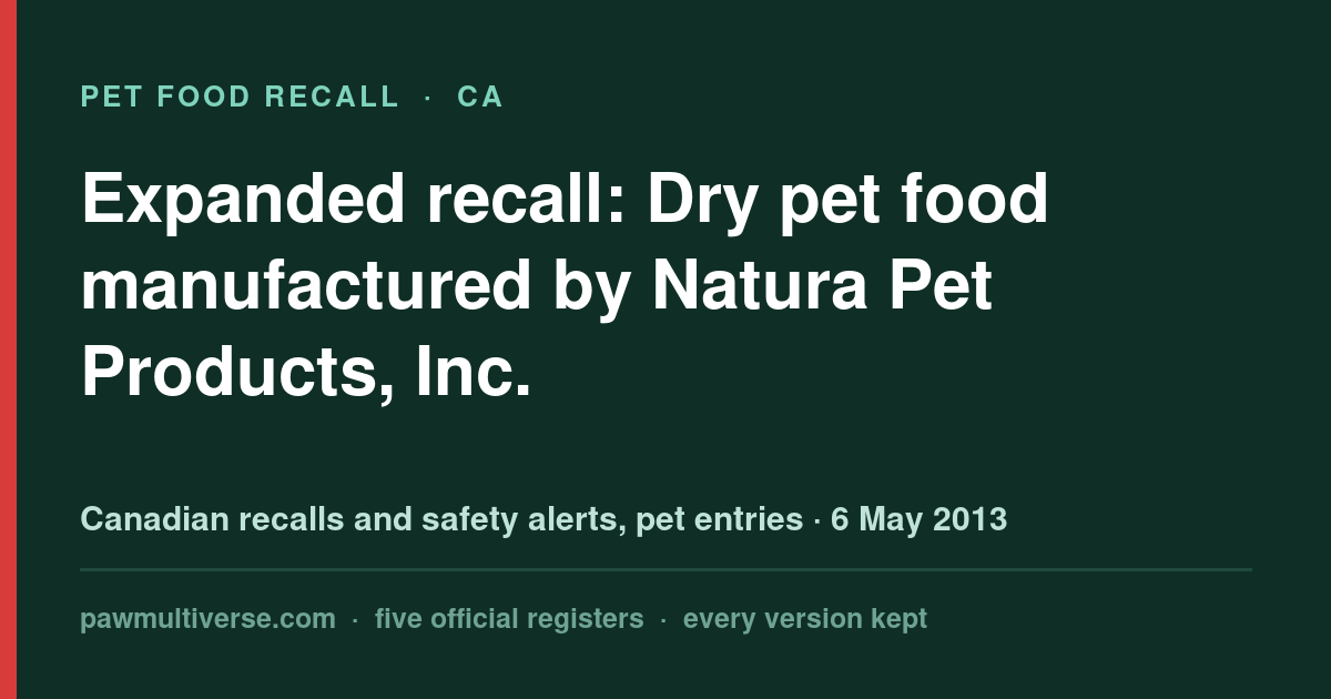 Expanded recall: Dry pet food manufactured by Natura Pet Products, Inc.