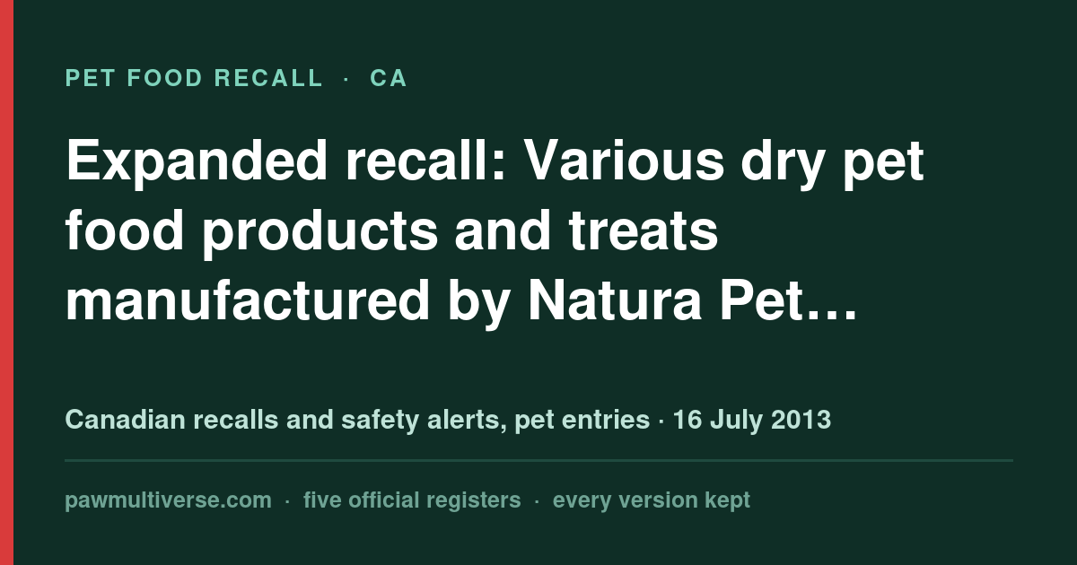 Expanded recall: Various dry pet food products and treats manufactured by Natura Pet Products, Inc.
