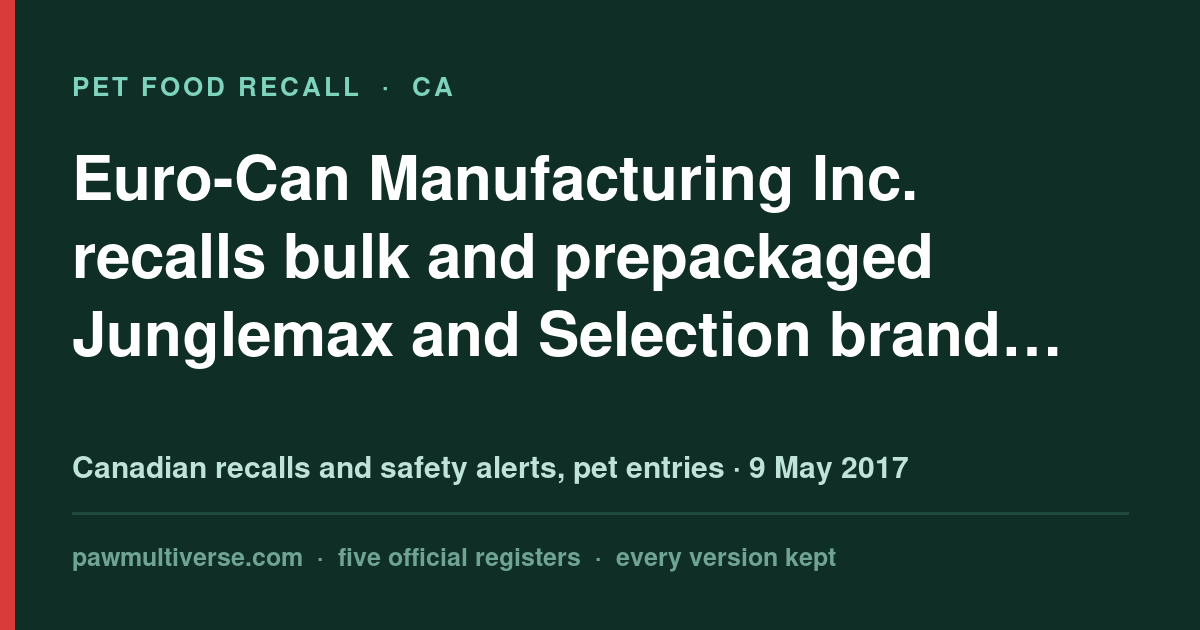 Euro-Can Manufacturing Inc. recalls bulk and prepackaged Junglemax and Selection brand pig ears sold as dog…