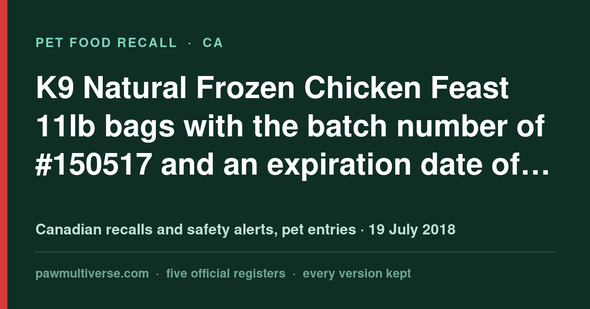 Recall: K9 Natural Frozen Chicken Feast 11lb bags with the batch number of #150517 and an expiration date…