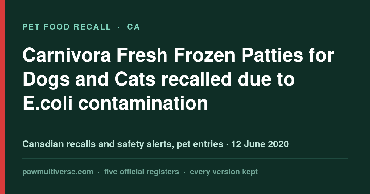 Carnivora Fresh Frozen Patties for Dogs and Cats recalled due to E.coli contamination