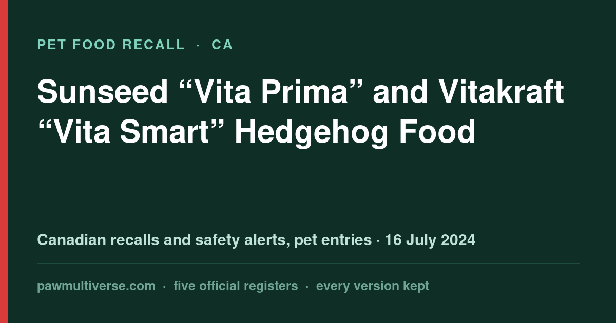 Recall: Sunseed “Vita Prima” and Vitakraft “Vita Smart” Hedgehog Food