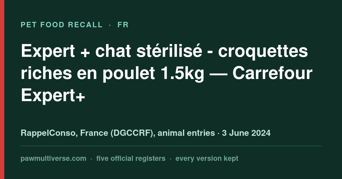 Carrefour Expert+ recall: Expert + sterilized - chicken rich kibbles 1.5kg (Carrefour Expert+)