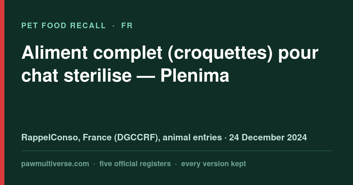 Plenima recall: Complete food (kibbles) for sterilized cat (Plenima)