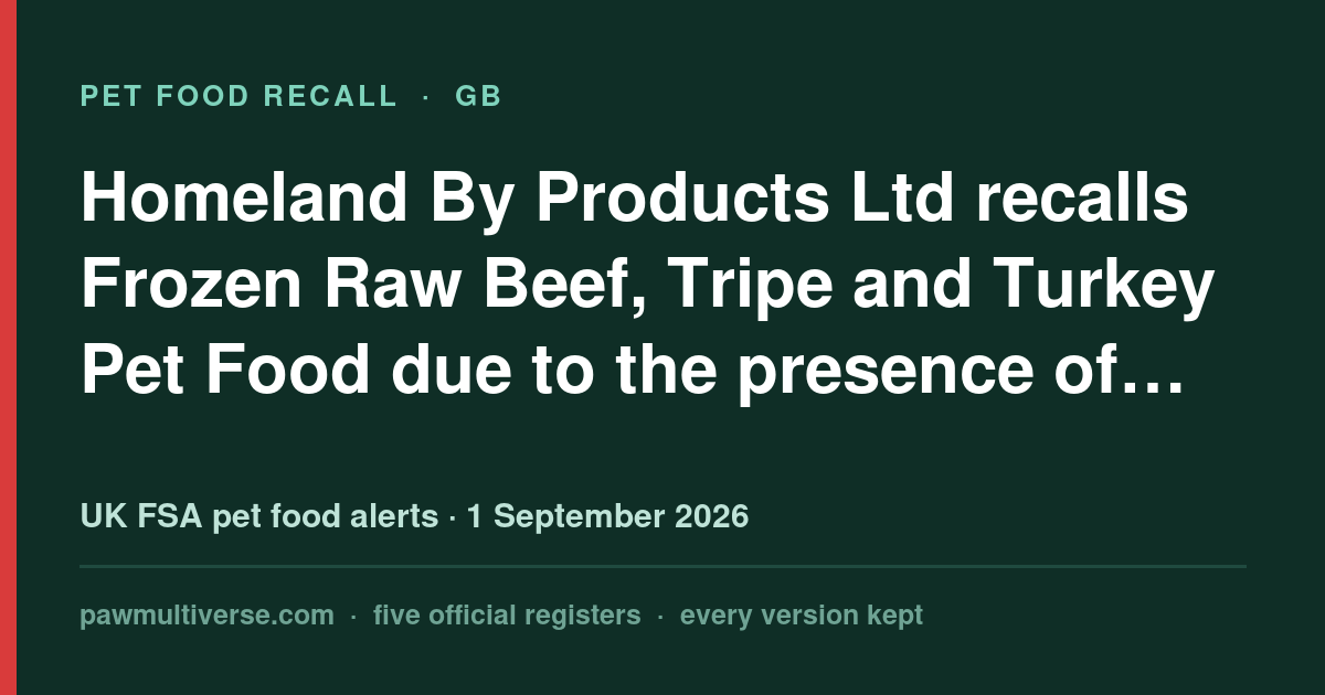 Homeland By Products Ltd recalls Frozen Raw Beef, Tripe and Turkey Pet Food due to the presence of salmonella