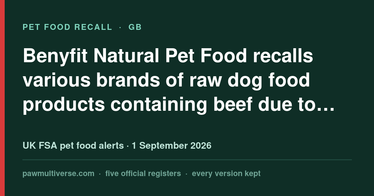 Benyfit Natural Pet Food recalls various brands of raw dog food products containing beef