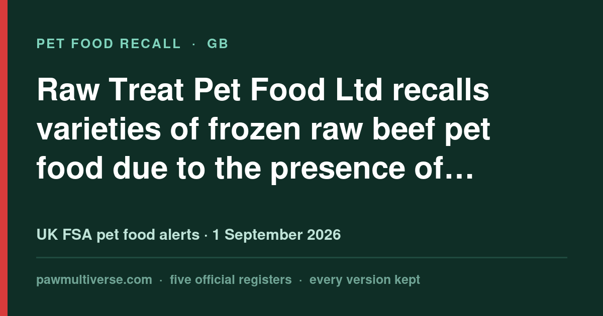 Raw Treat Pet Food Ltd recalls varieties of frozen raw beef pet food due to the presence of salmonella