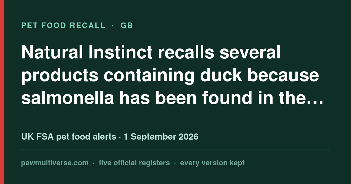 Natural Instinct recall: Duck Carcass; Duck Necks; Pure Duck; Working Dog Duck; Working Dog Puppy