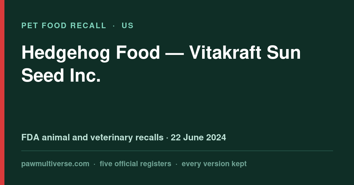 Sunseed Vita Prima recall: Hedgehog Food