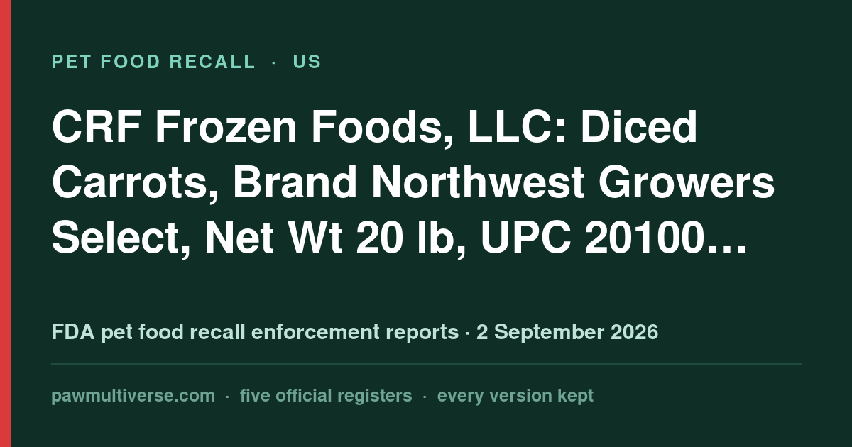 CRF Frozen Foods, LLC recall: Diced Carrots, Brand Northwest Growers Select, Net Wt 20 lb, UPC 20100 Organic Diced Carrots, Brand…